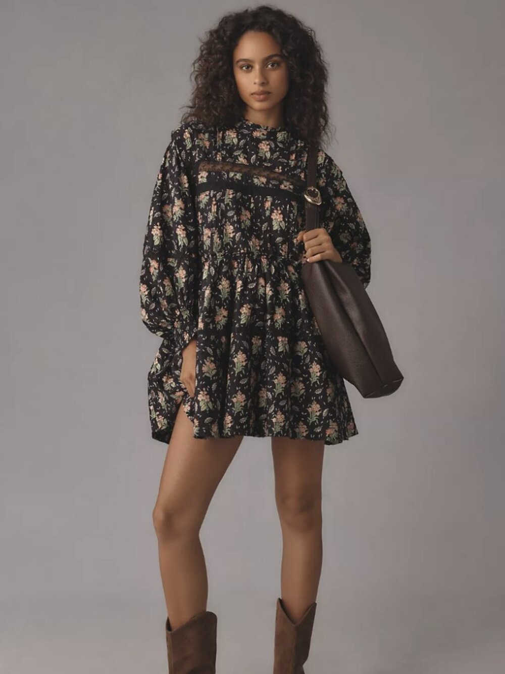 Anthropologie Pilcro Flroal Long-Sleeve Mock-Neck Swing Mini Dress Size XS